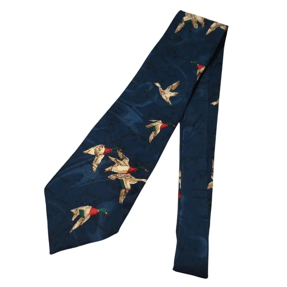 Waterfowl Mens Navy Blue Mallard Duck Map Print Silk Necktie Midwest Hunting Tie